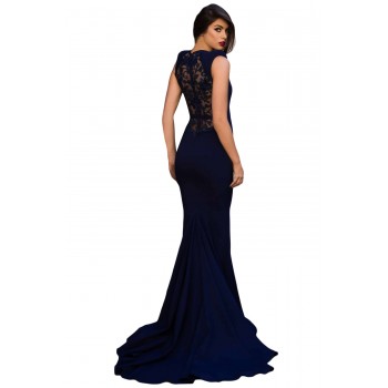 Blue Floral Embroidery Fishtail Evening Dress Black